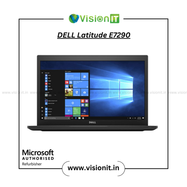 Refurbished Dell Latitude E7290 i5 8th Gen laptop with M.2 NVMe SSD and 12-inch display.